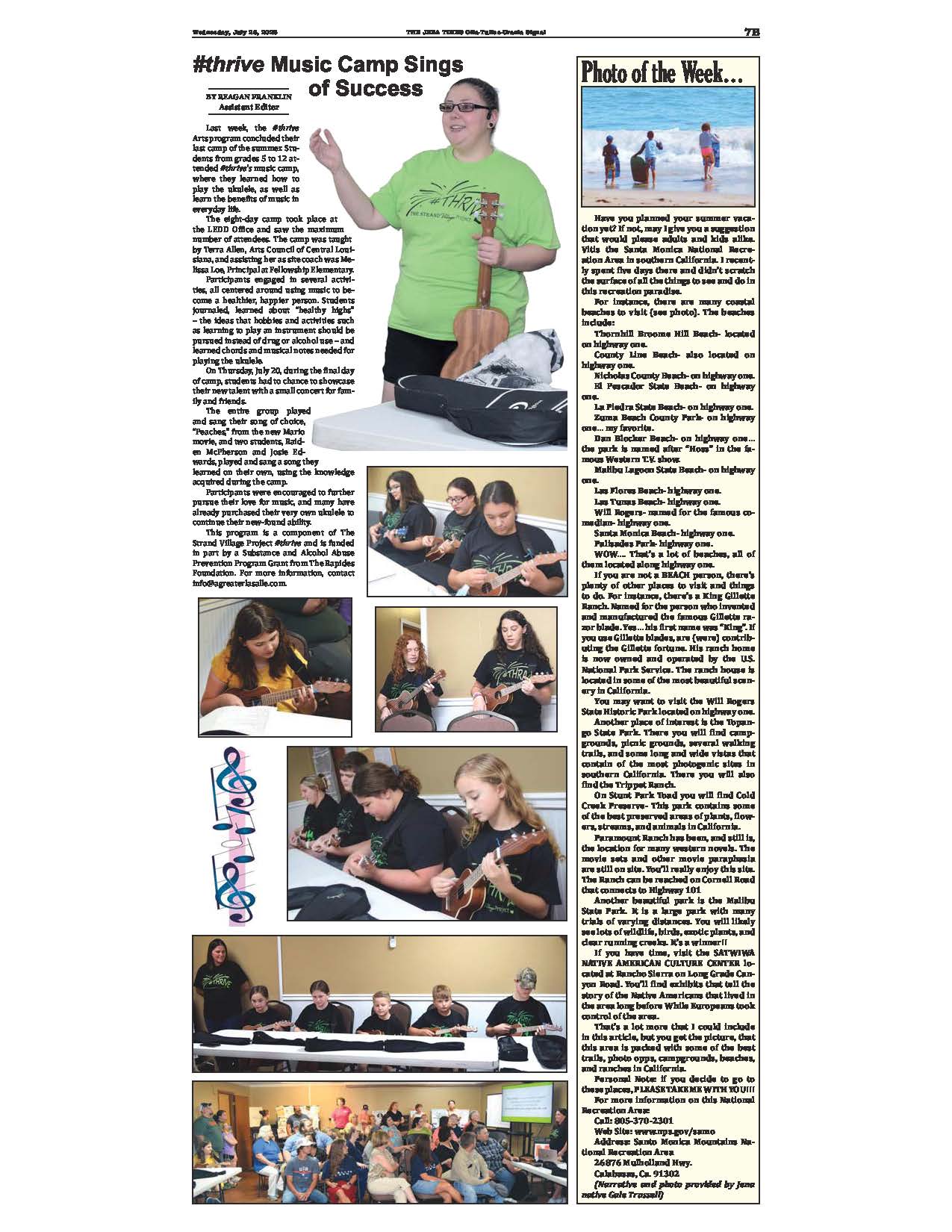 a page from a news paper with lots of pictures of teens playing uke. Everyone is wearing a shirt that says #Thrive.